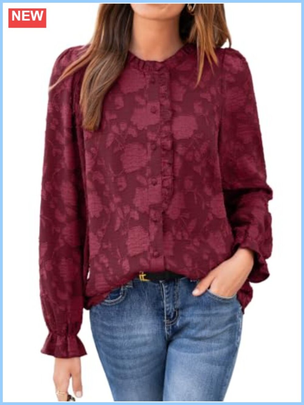 Womens Boho Floral Long Sleeve Button Down Blouse Textured Ruffle Puff
